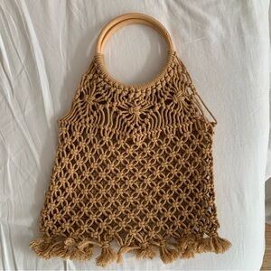 Macrame hand bag wood handle